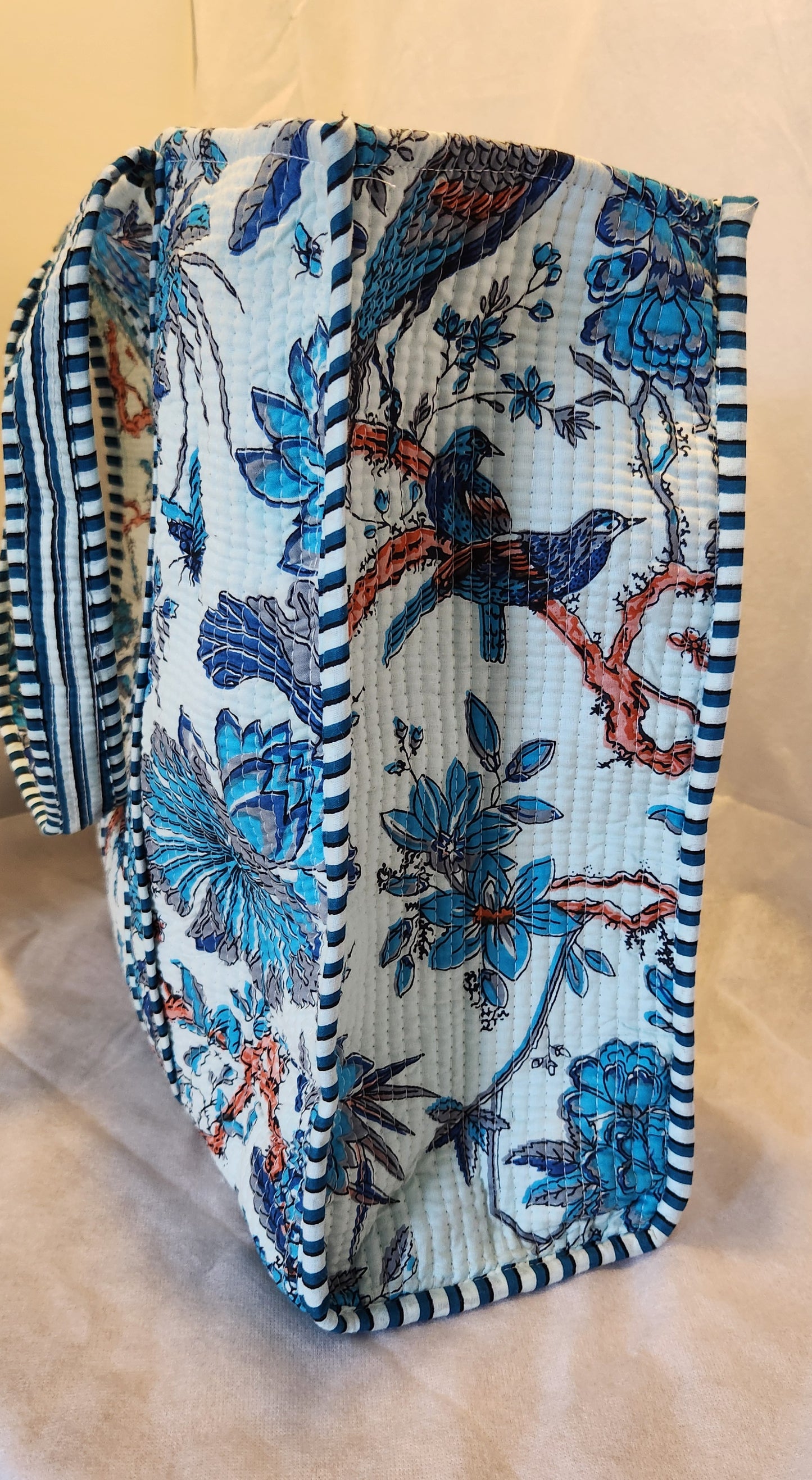 Disha | Blue Feathers | Quilted Cotton Reversible Tote