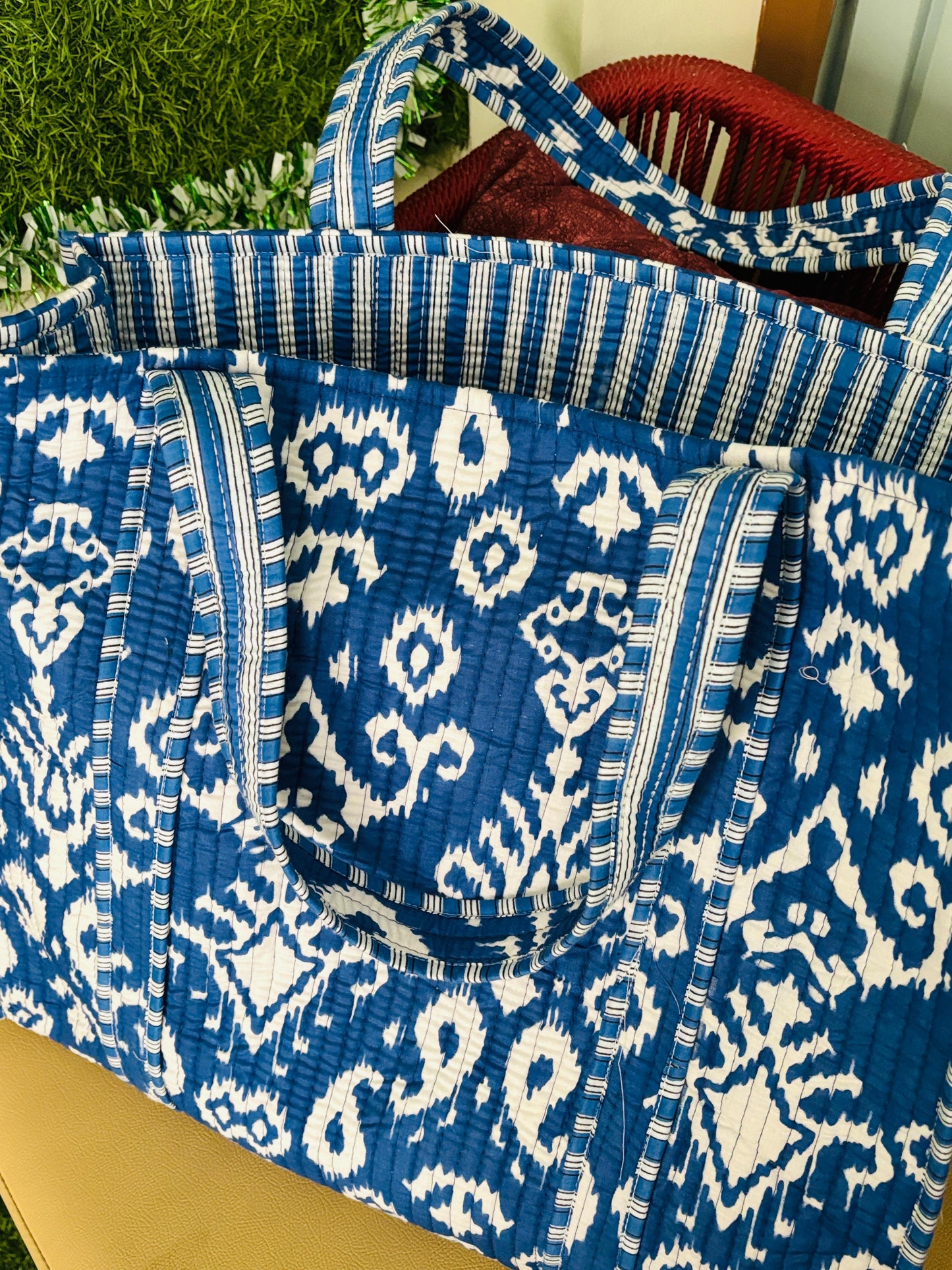 Disha | Blue Motif | Quilted Cotton Reversible Tote