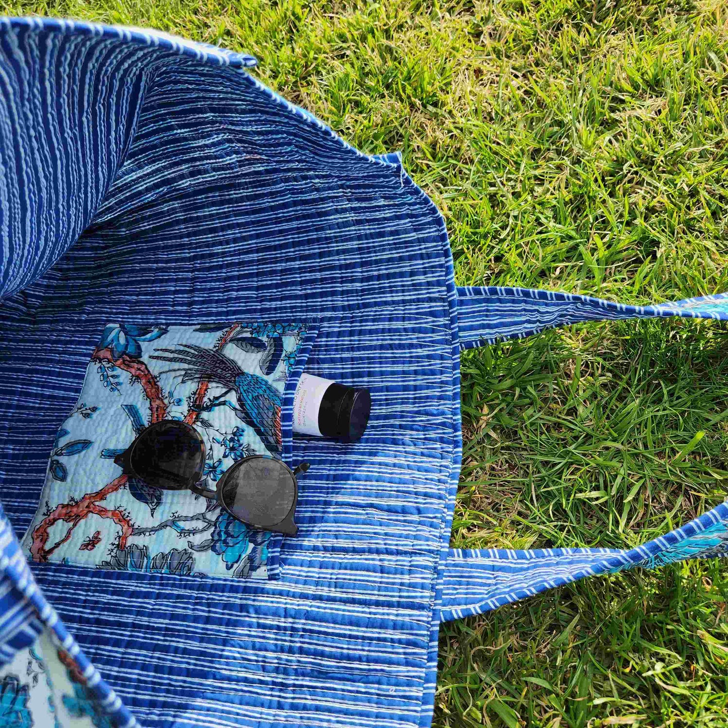 Disha | Blue Feathers | Quilted Cotton Reversible Tote