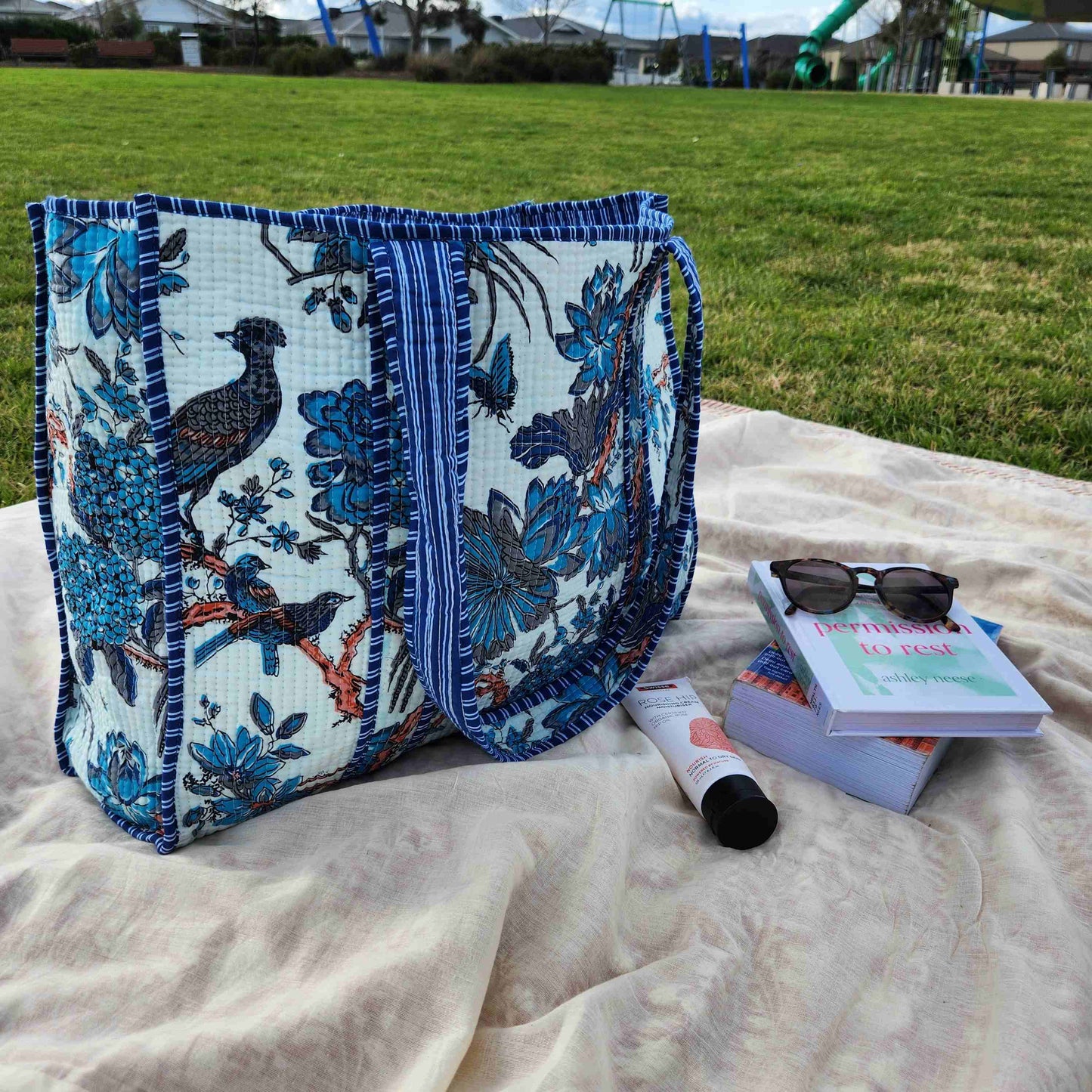 Disha | Blue Feathers | Quilted Cotton Reversible Tote