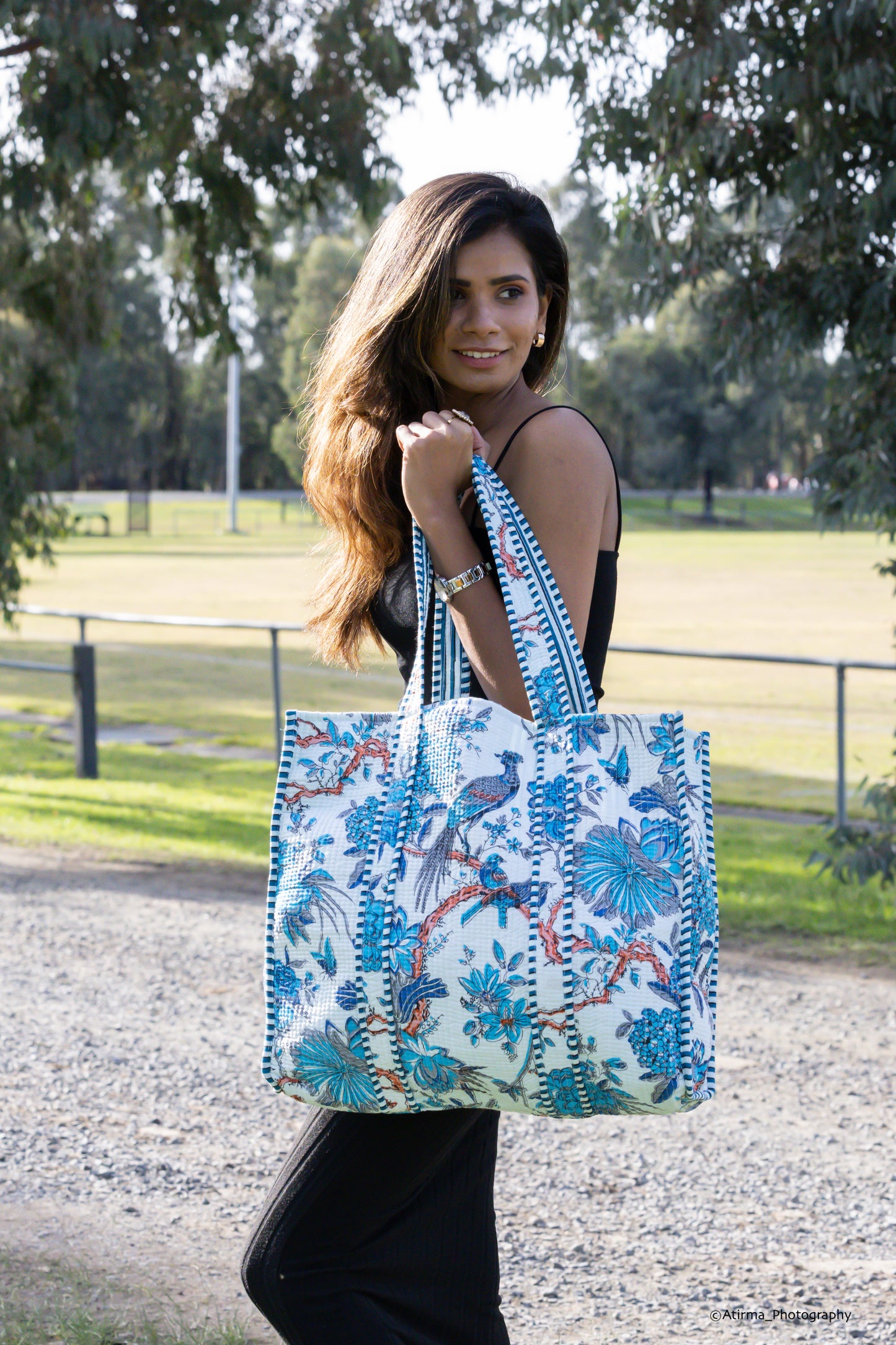 Disha | Blue Feathers | Quilted Cotton Reversible Tote