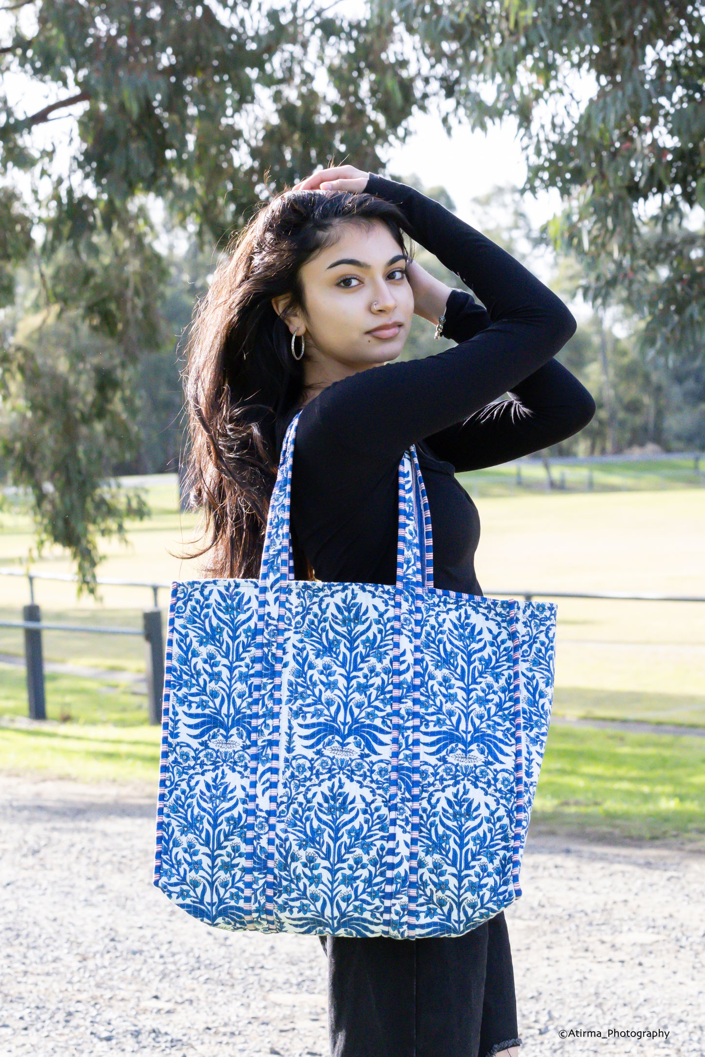 Disha | Blue Flora | Quilted Cotton Reversible Tote