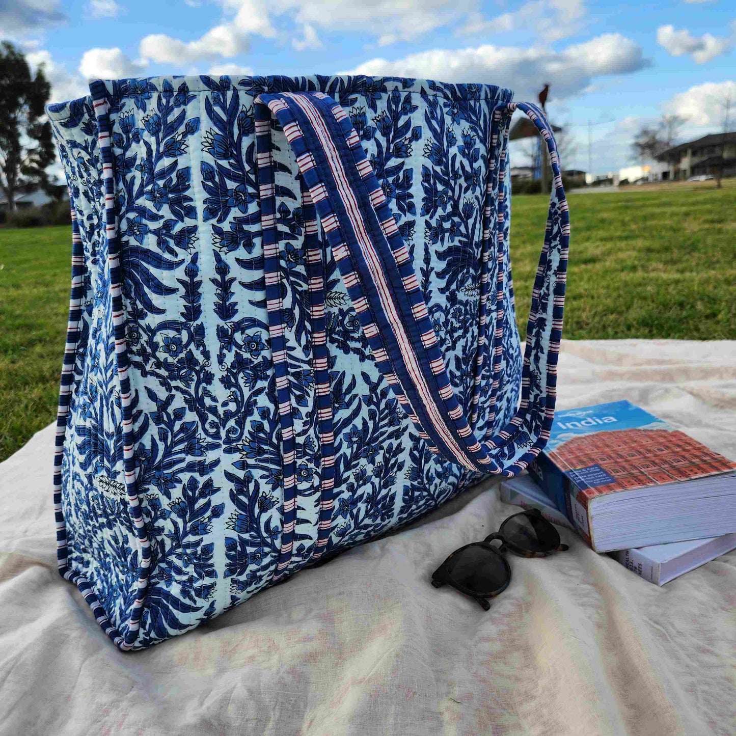 Disha | Blue Flora | Quilted Cotton Reversible Tote