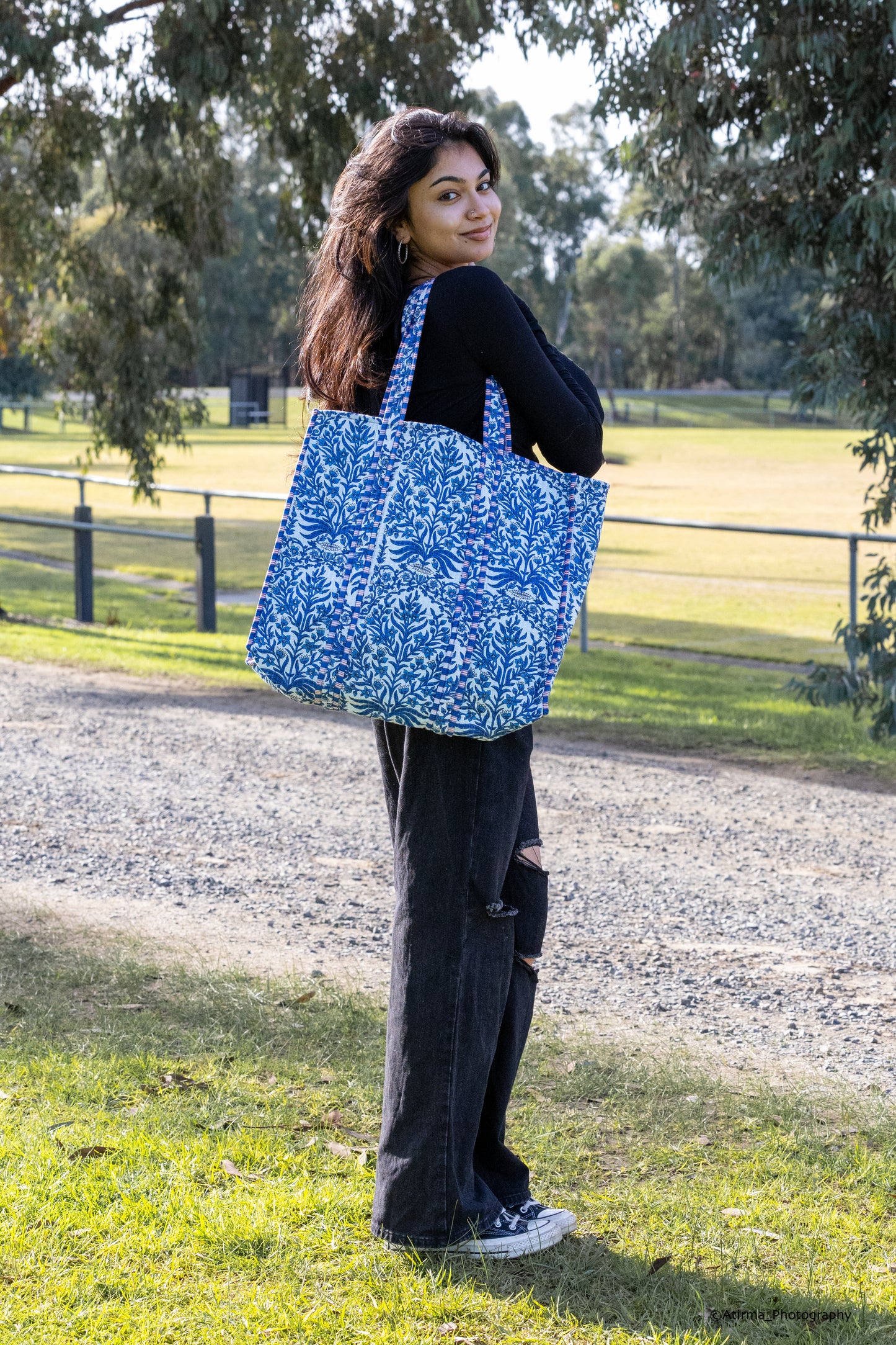 Disha | Blue Flora | Quilted Cotton Reversible Tote