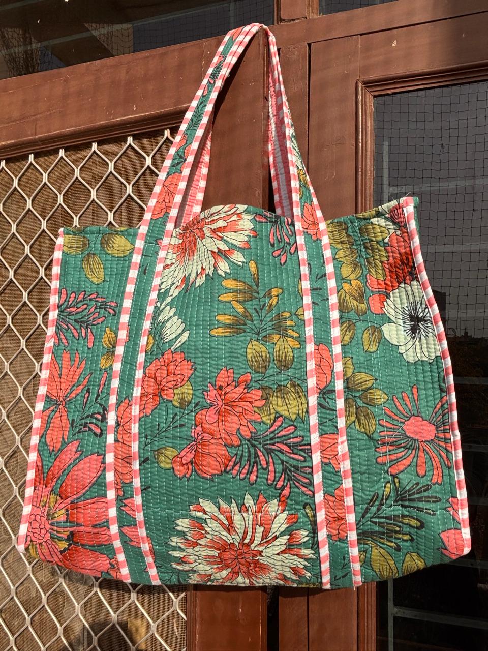 Disha | Minty Coral | Quilted Cotton Reversible Tote