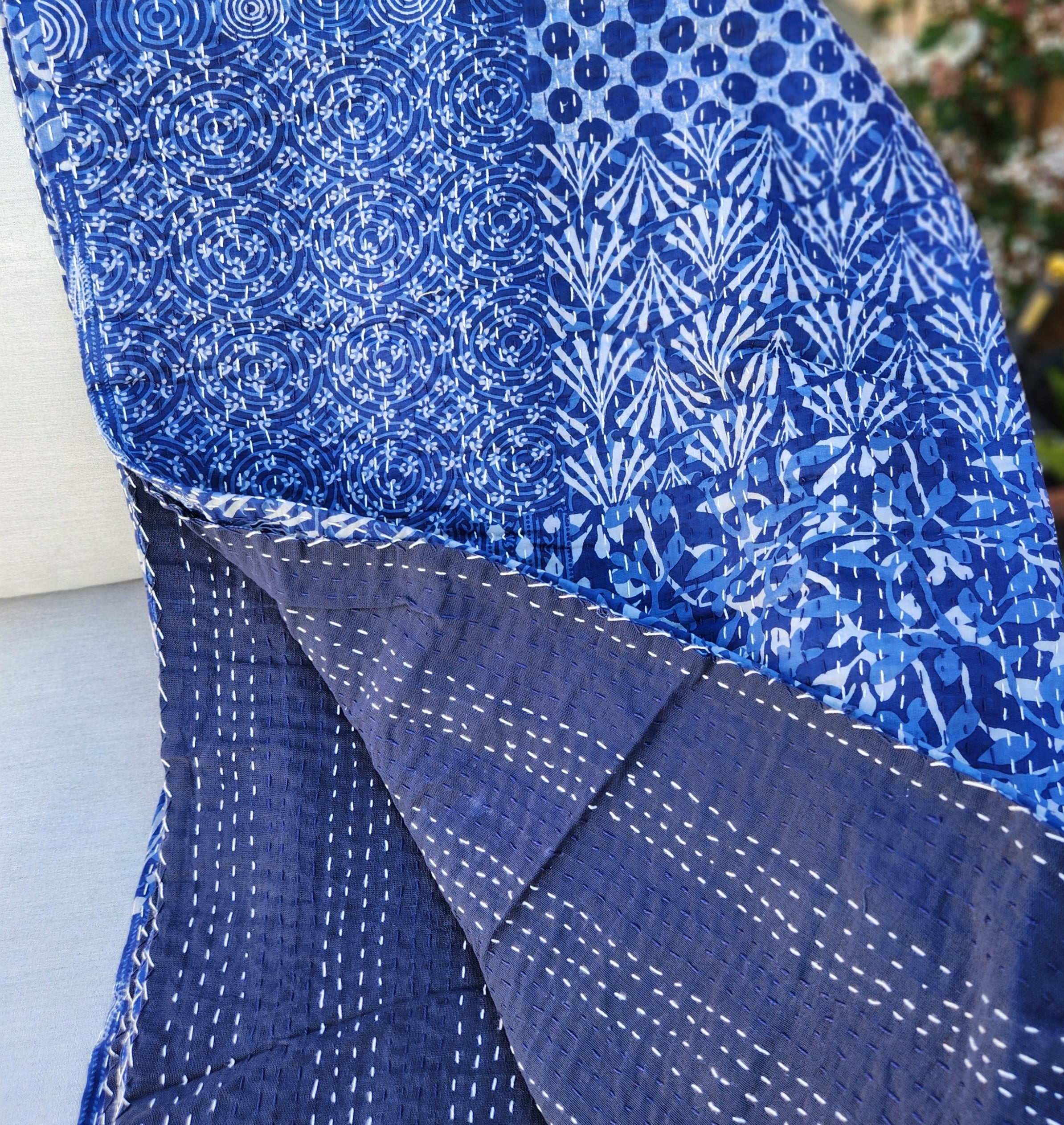 Indigo Patchwork ~ Kantha Bedspread ~ Queen | King
