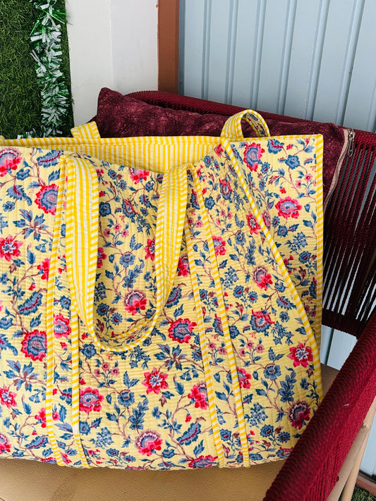 Disha | Blue Red Flora | Quilted Cotton Reversible Tote
