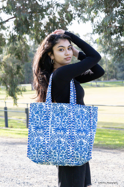 Disha | Blue Flora | Quilted Cotton Tote