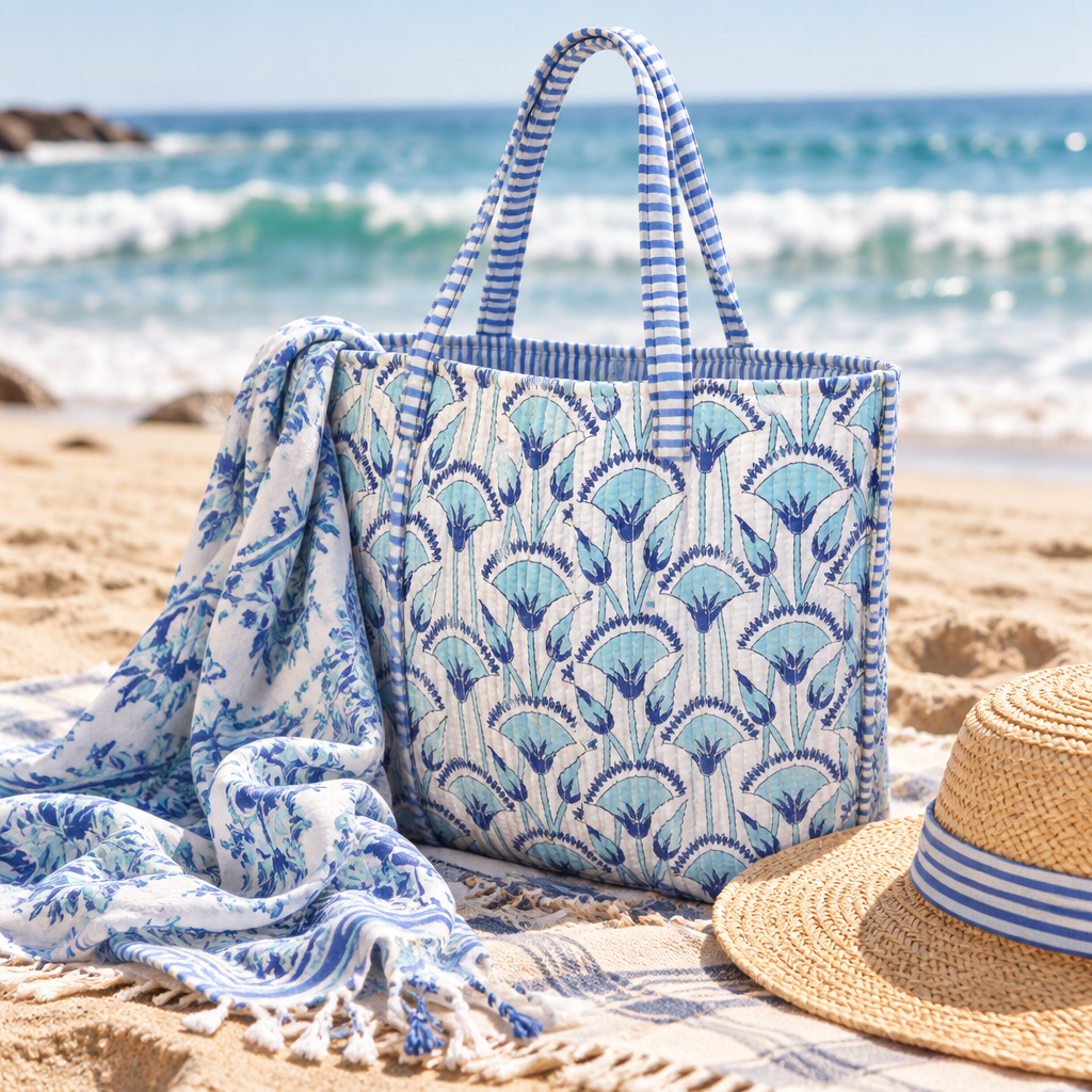 Disha | Blue Shells | Quilted Cotton Reversible Tote