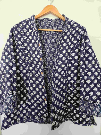 Deepika ~ Floral Blue | Quilted Cotton Reversible Jacket