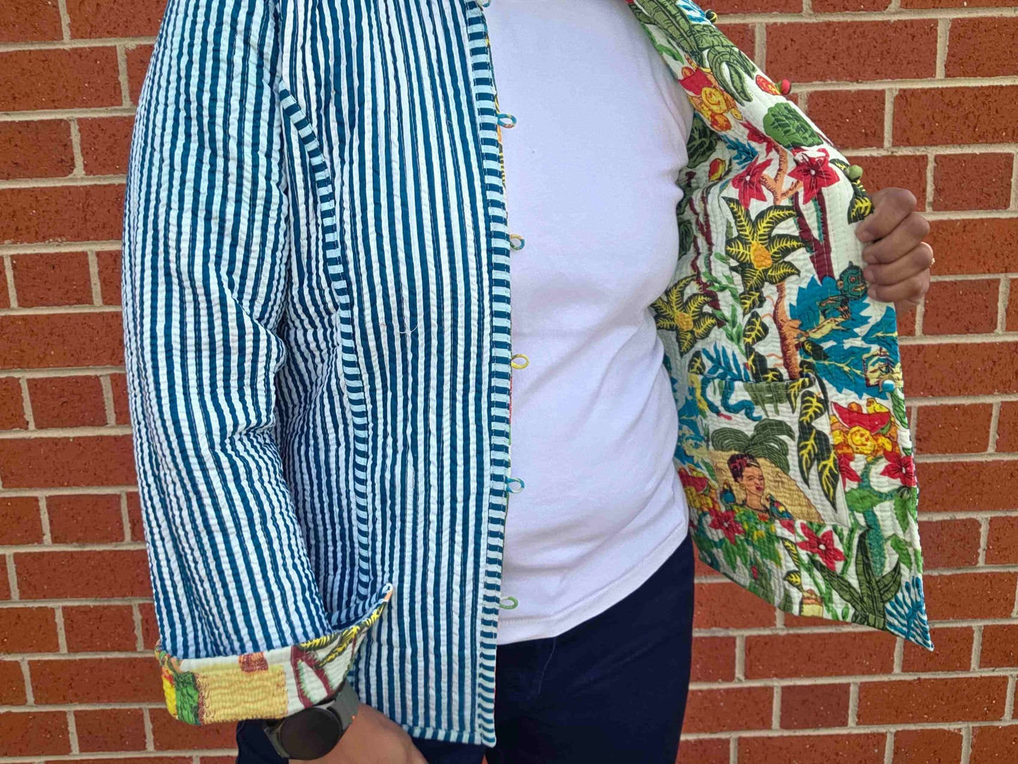 Deepika ~ Frida on white | Quilted Cotton Reversible Jacket