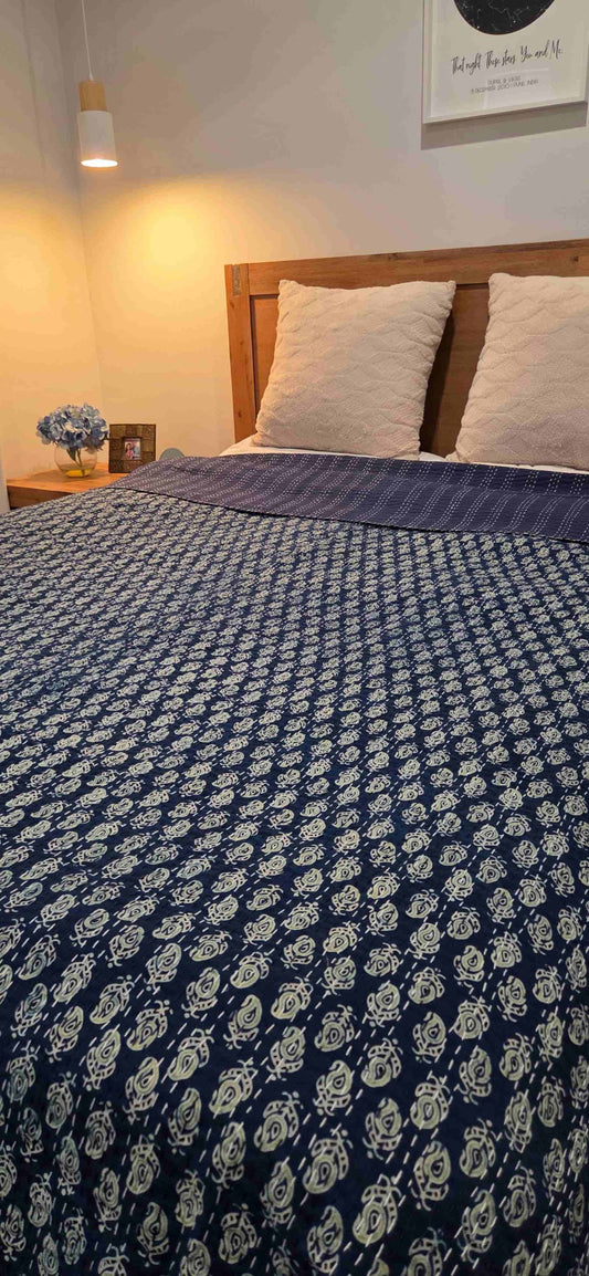 Indigo Boota ~ Kantha Bedspread ~ Queen | King