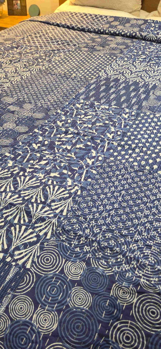 Indigo Patchwork ~ Kantha Bedspread ~ Queen | King