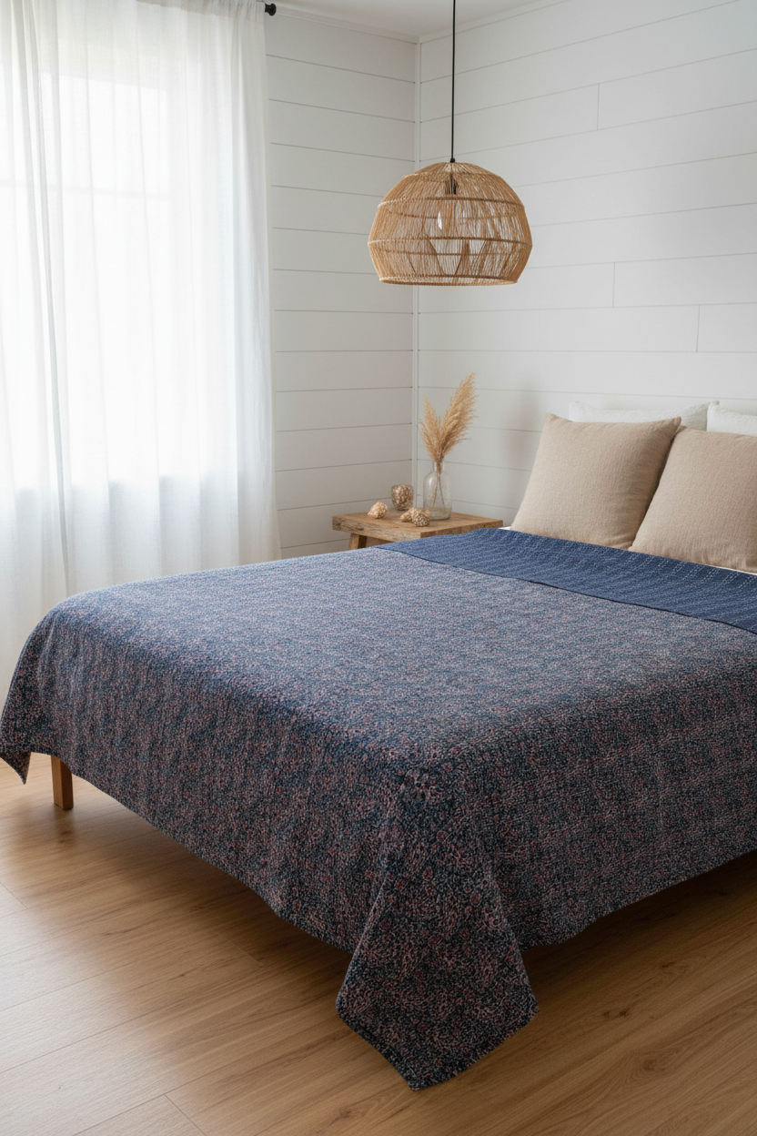 Indigo Ajrakh ~ Kantha Bedspread ~ Queen | King