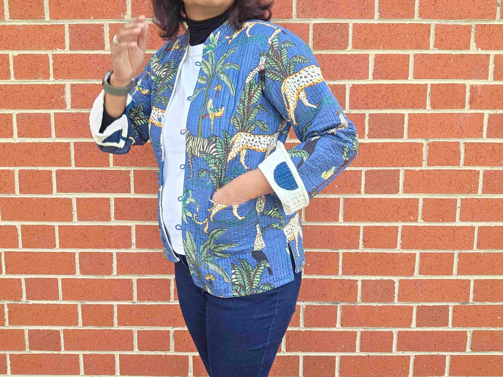 Deepika ~ Jungle Blue | Quilted Cotton Reversible Jacket