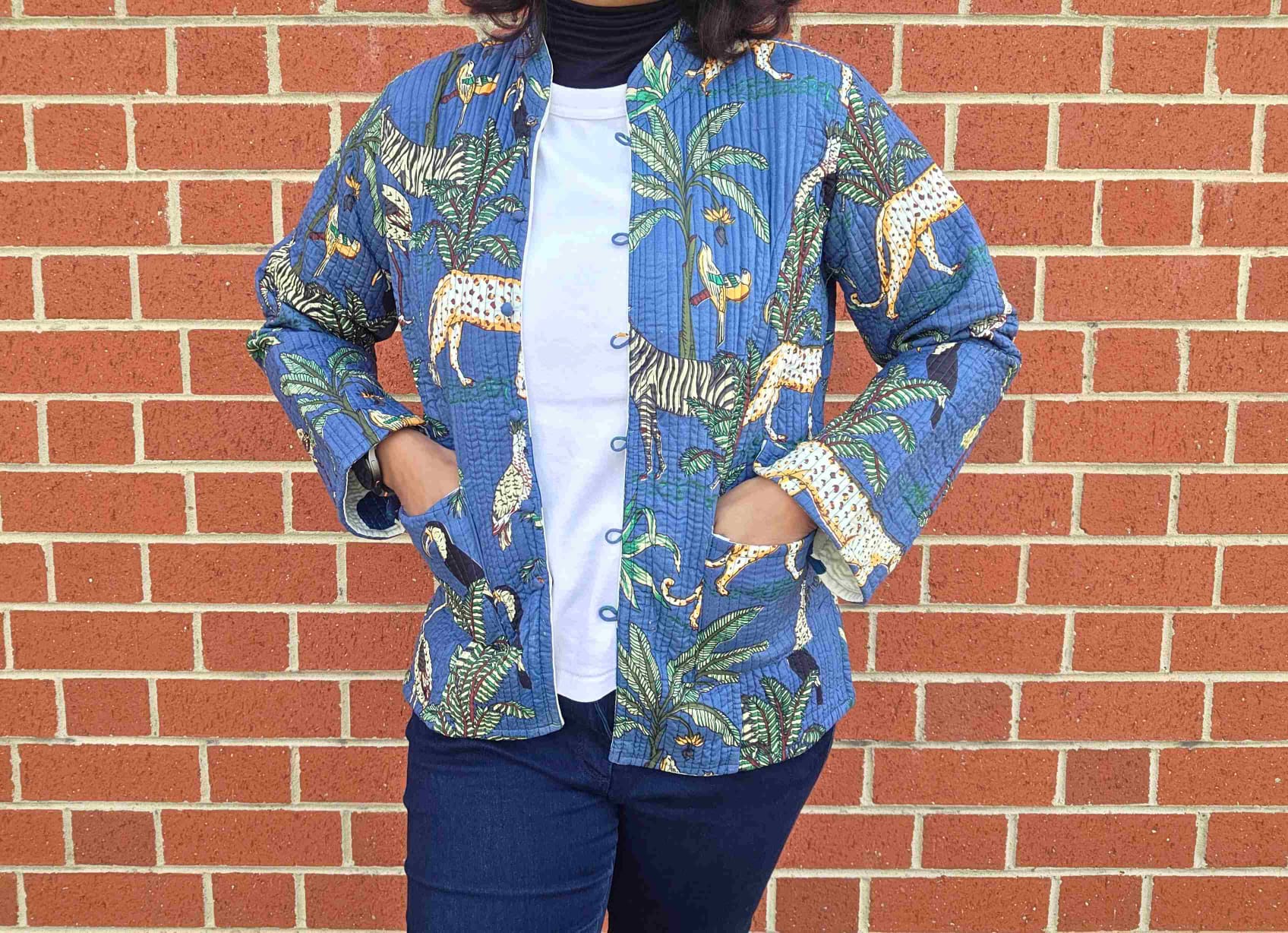 Deepika ~ Jungle Blue | Quilted Cotton Reversible Jacket