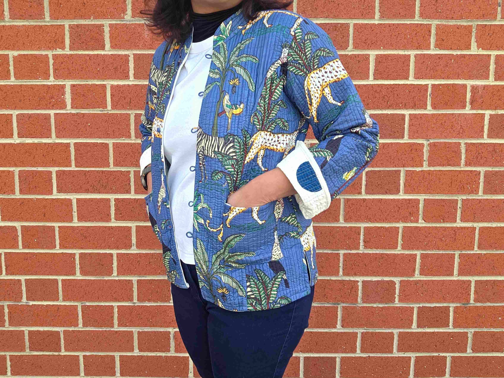 Deepika ~ Jungle Blue | Quilted Cotton Reversible Jacket