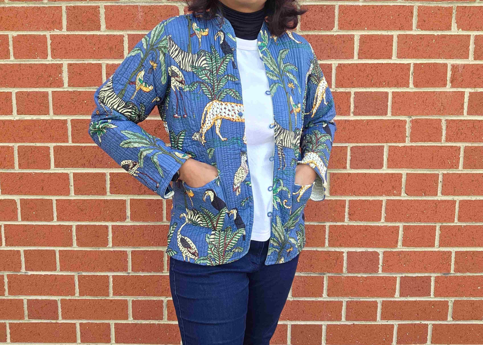 Deepika ~ Jungle Blue | Quilted Cotton Reversible Jacket