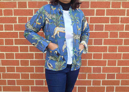 Deepika ~ Jungle Blue | Quilted Cotton Reversible Jacket