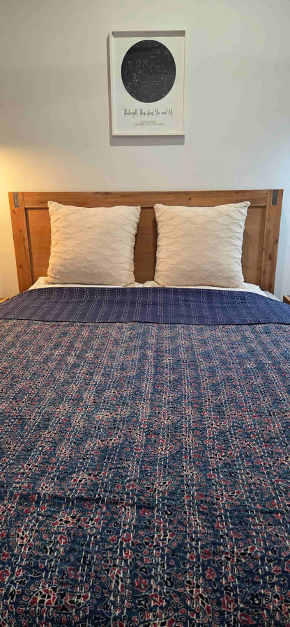 Indigo Ajrakh ~ Kantha Bedspread ~ Queen | King