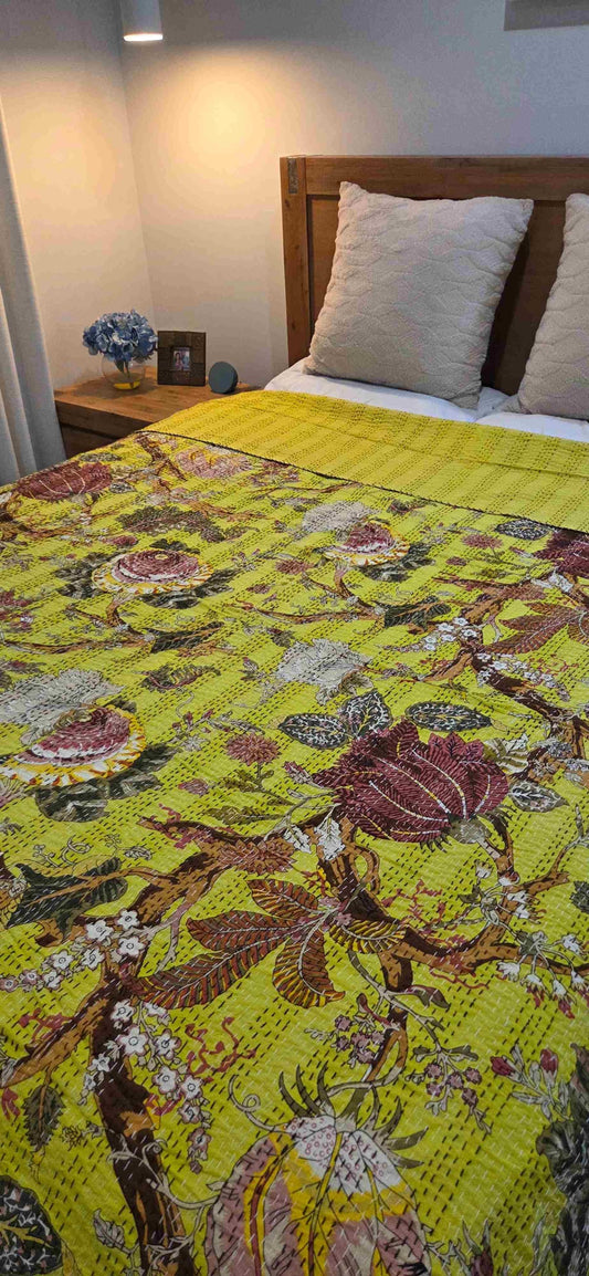 Lemon Blossom ~ Kantha Bedspread ~ Queen | King