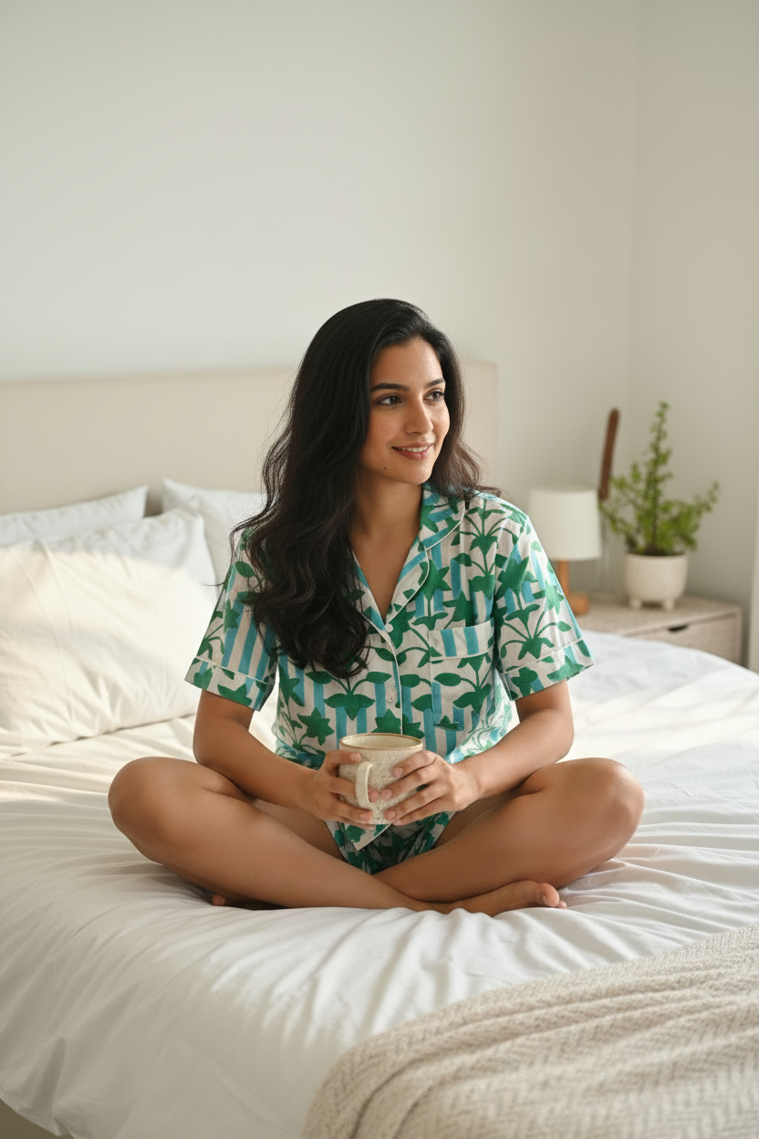 a model wearing indian cotton pj set that has maple leaf prints on it
