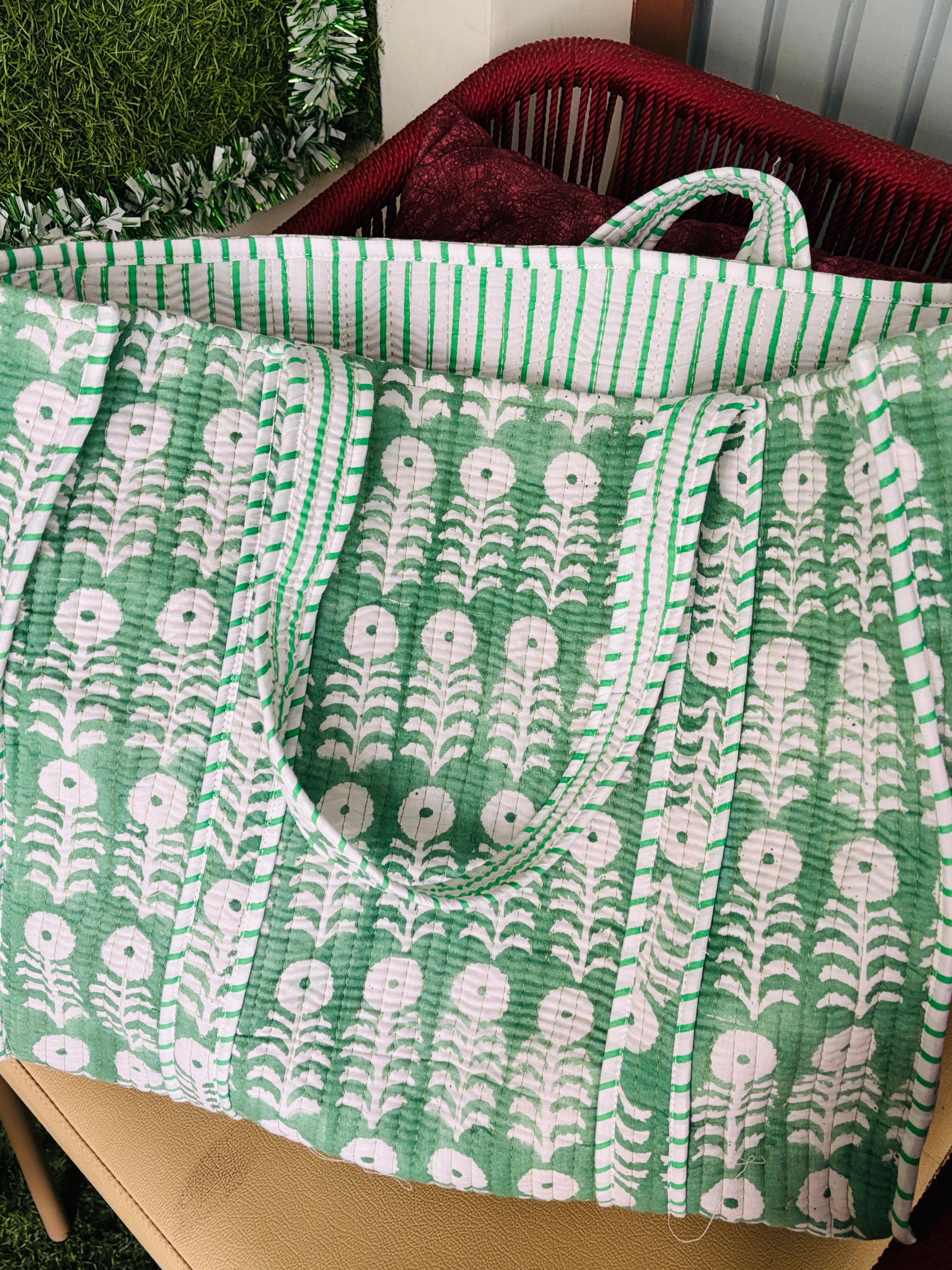 Disha | Minty Green | Quilted Cotton Reversible Tote