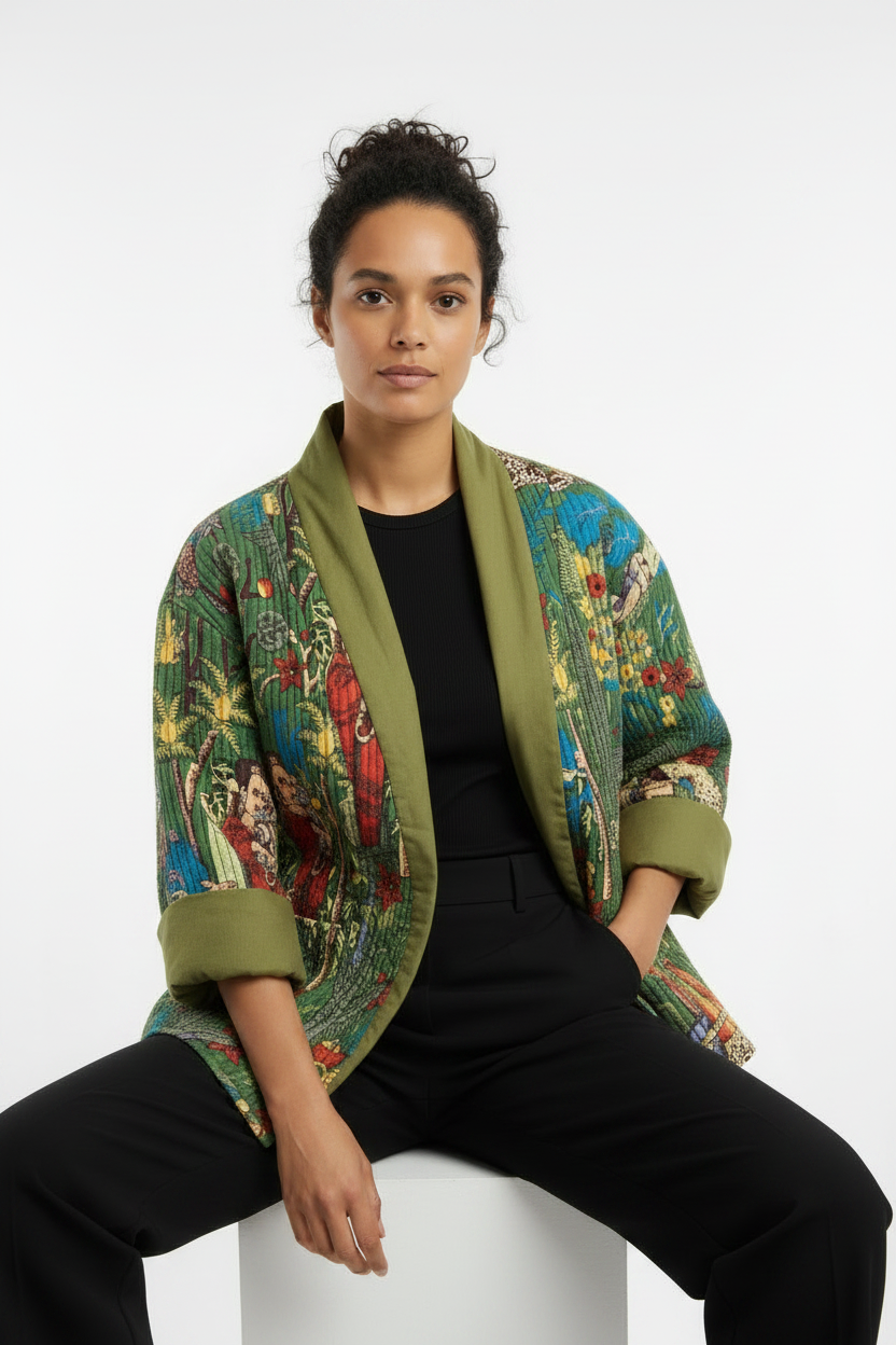 A model sits on a white block wearing a vibrant, multicolored tropical print frida kahlo jacket with olive green trim over a black outfit, set against a plain white studio background.