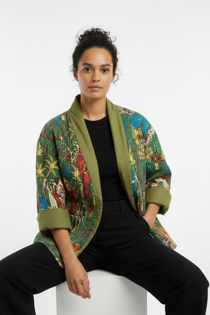A model sits on a white block wearing a vibrant, multicolored tropical print frida kahlo jacket with olive green trim over a black outfit, set against a plain white studio background.