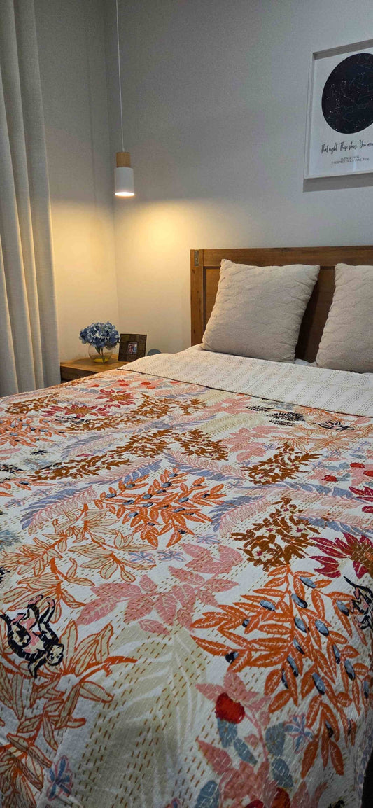 Pastel Bloom ~ Kantha Bedspread ~ Queen | King