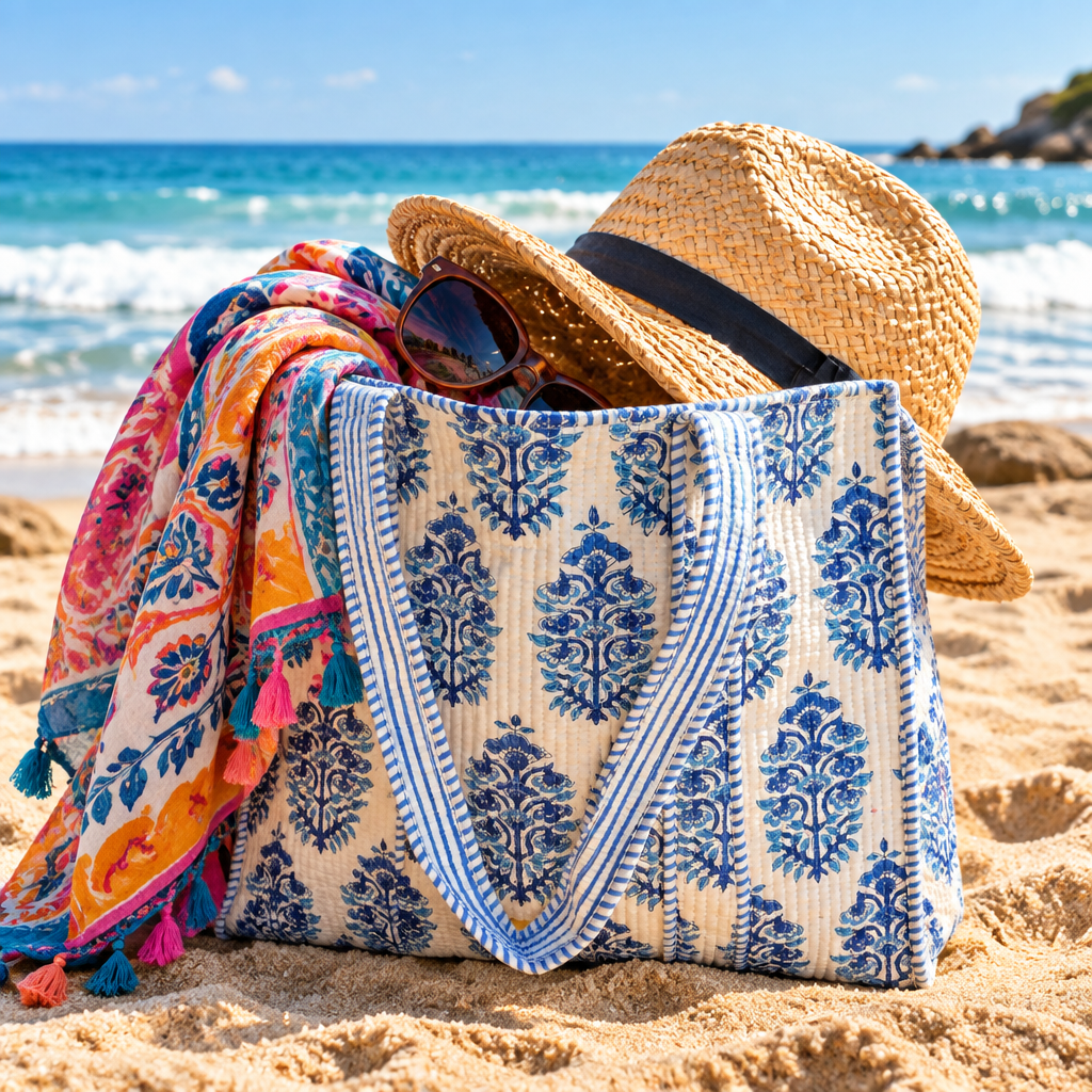 Disha | Blue Booti | Quilted Cotton Reversible Tote