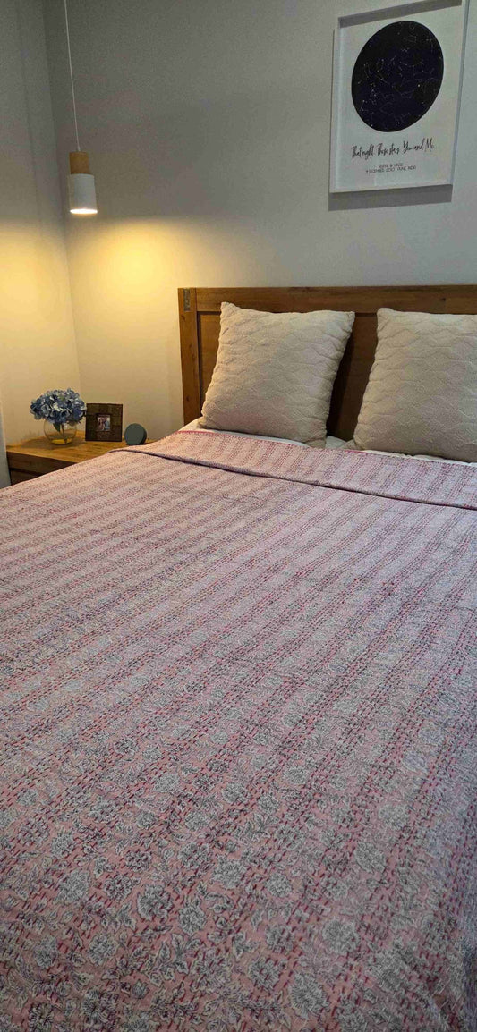 Rose Cotton ~ Kantha Bedspread ~ Queen | King