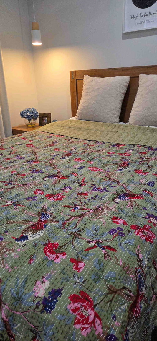 Sage Green ~ Kantha Bedspread ~ Queen | King