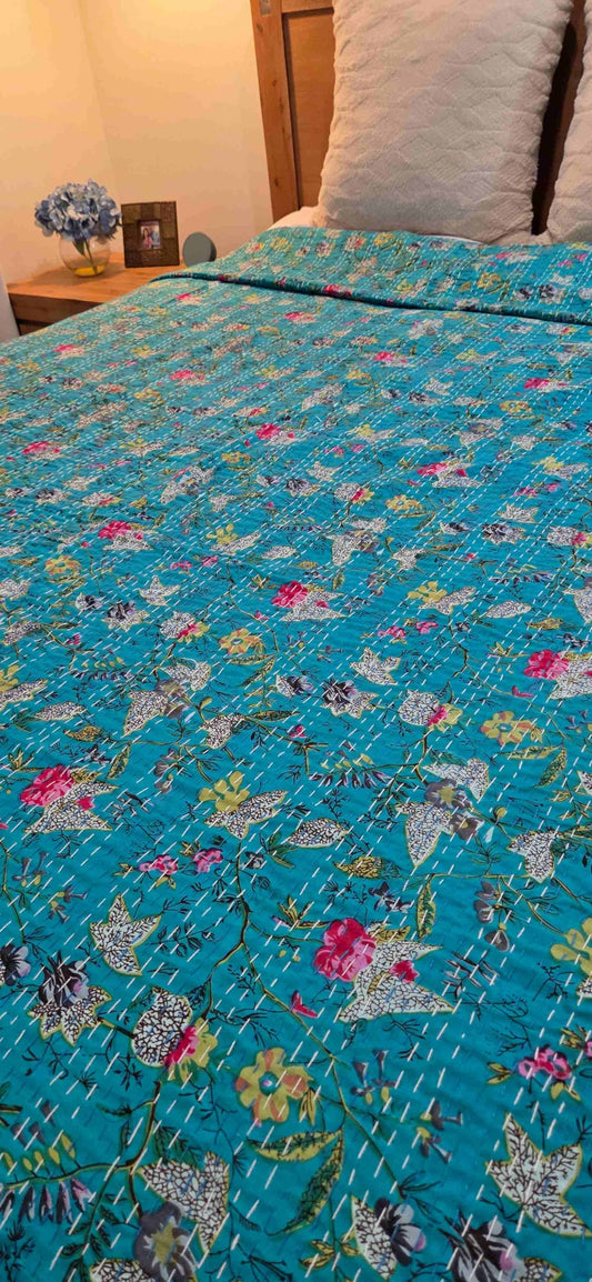 Turquoise ~ Kantha Bedspread ~ Queen | King