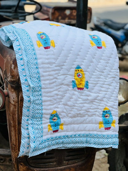 Rocket Baby cot quilt hand block printed reversible