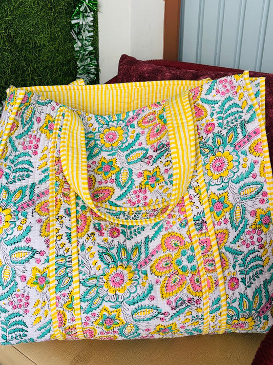 Disha | Yellow Green Flora | Quilted Cotton Reversible Tote