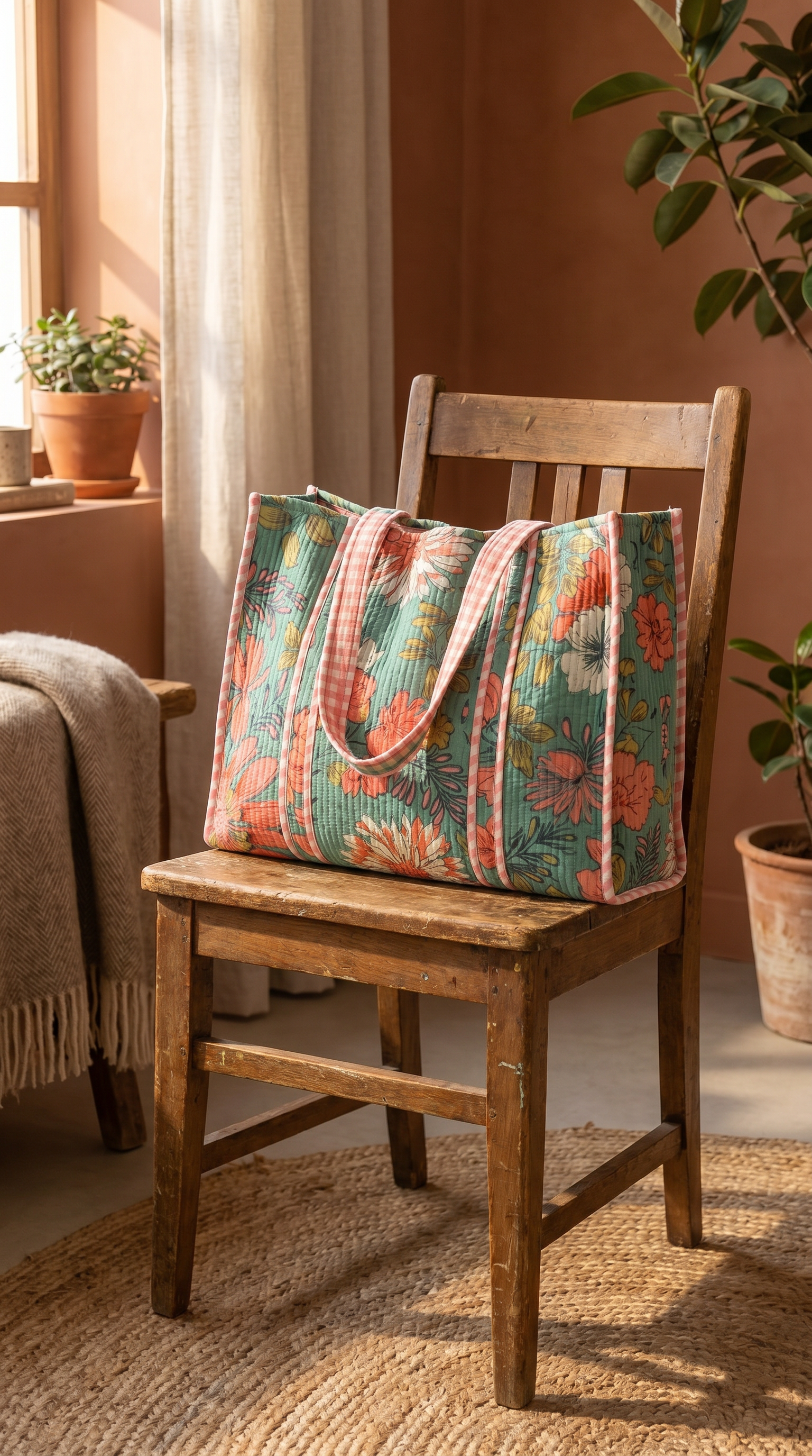 Disha | Minty Coral | Quilted Cotton Reversible Tote