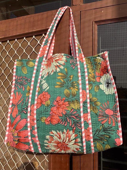 Disha | Minty Coral | Quilted Cotton Reversible Tote